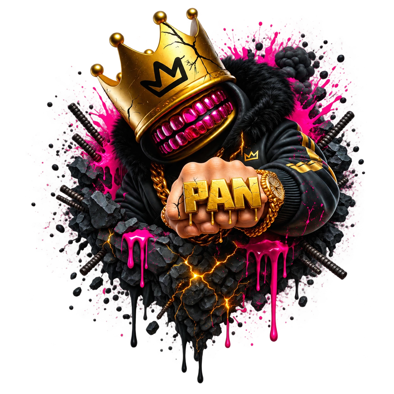 PAN: the crowned character with gold PAN rings and a magenta grille